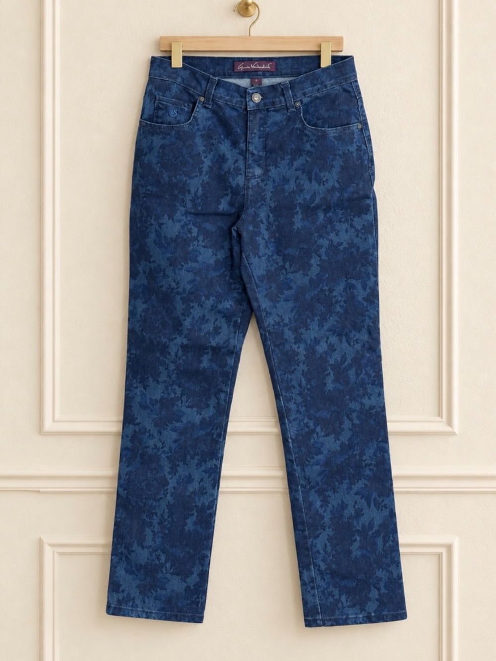 Gloria Vanderbilt Amanda Dark Blue Jeans Leaf Pattern High Rise Size 8 Petite